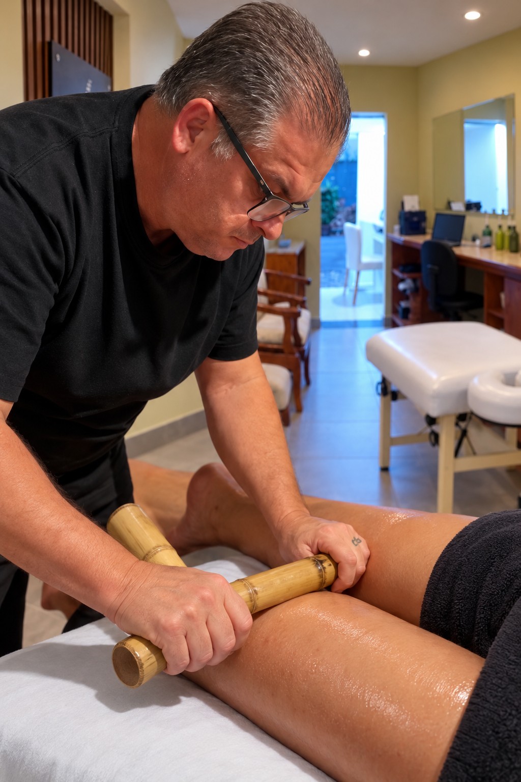 Aplicação de Bambuterapia durante atendimento na QUIROMAX